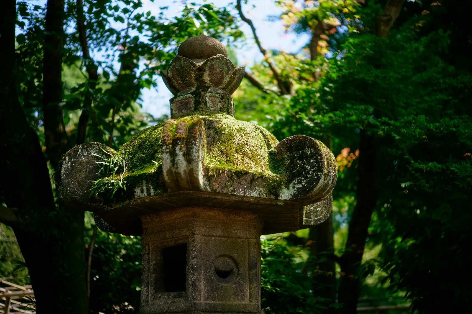 Photo of a traditional japanese stone lantern covered in moss